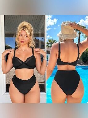 CUPSHE | Underwire Mesh Bralette & High Waist Cheeky Bikini Set